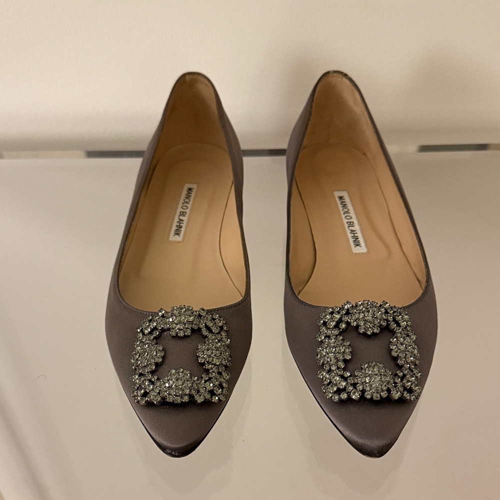 Manolo Blahnik Taupe Embellished Flats